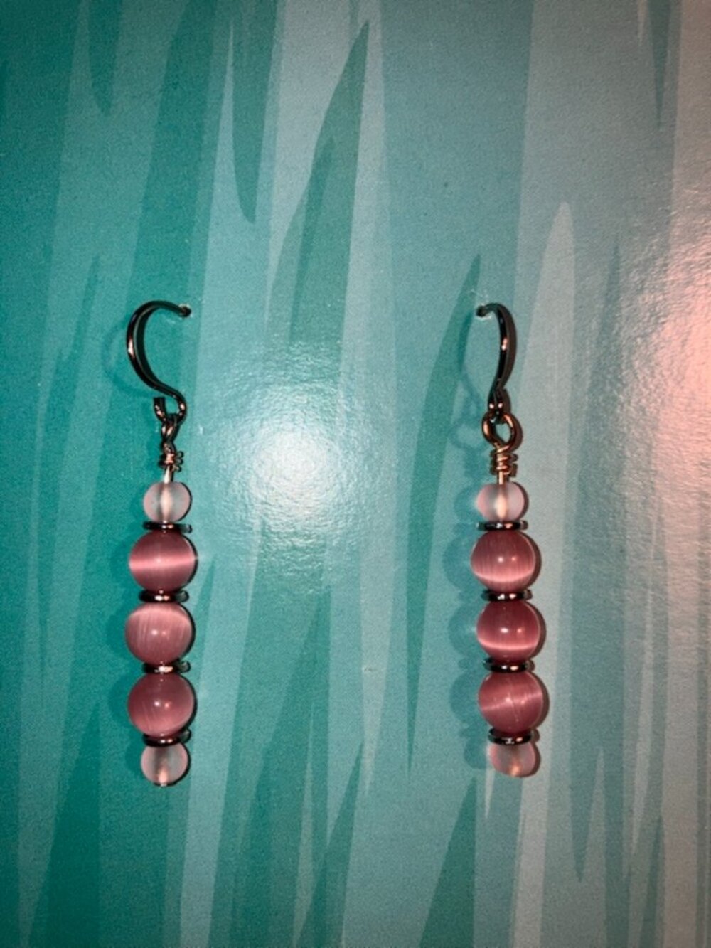 Handmade drop earrings with pink cat's eye beads